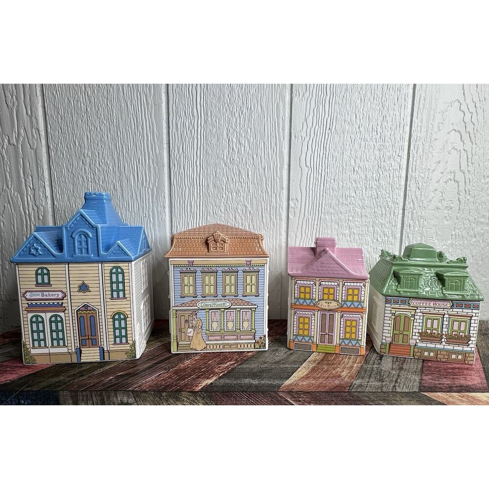 Vtg NOS Avon Townhouse Canister Set Of 4 Coffee Confectionery Tea Sweet Bakery